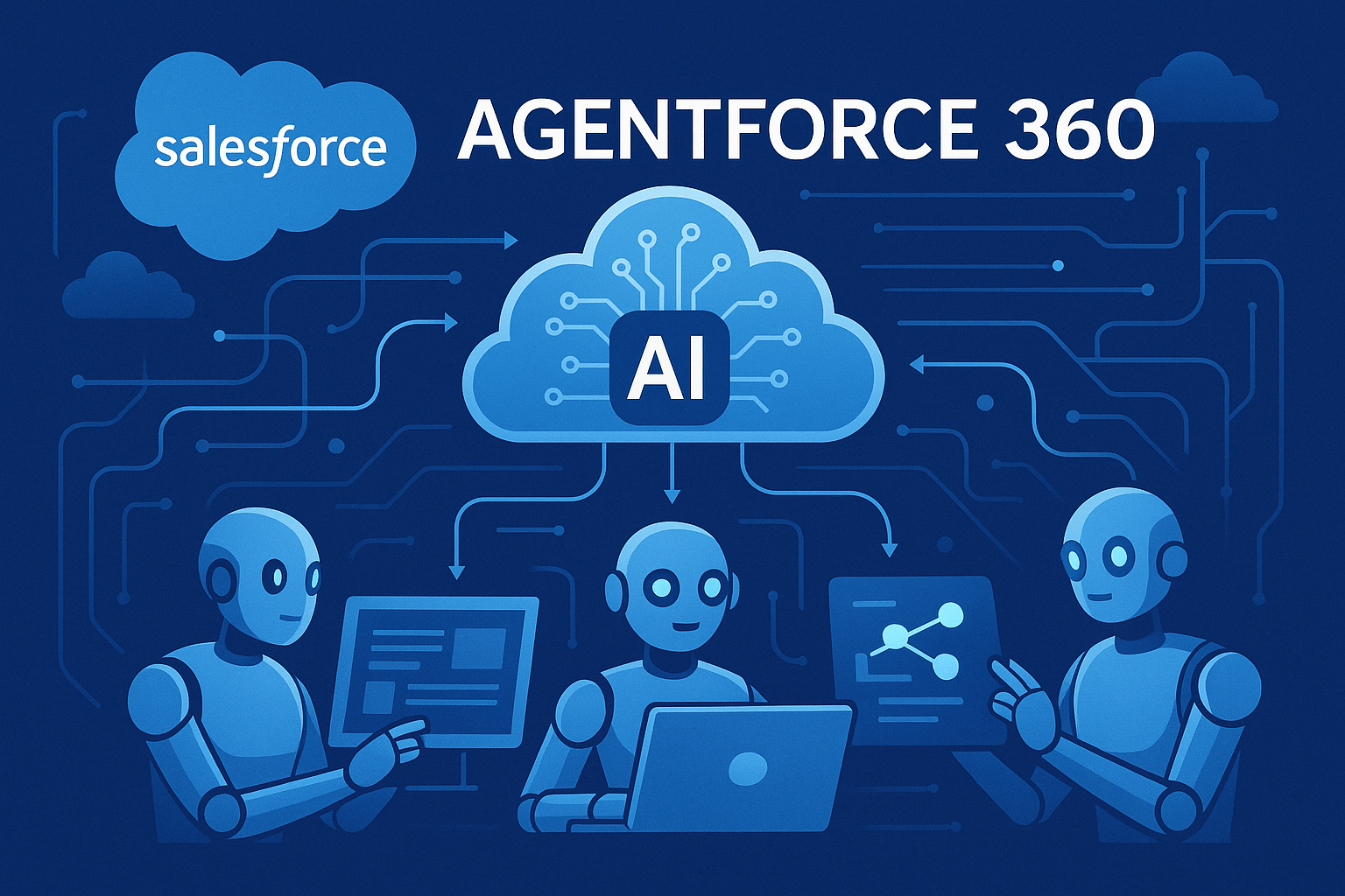 Futuristic illustration of Salesforce Agentforce 360 cloud platform with AI agents and data flows.
